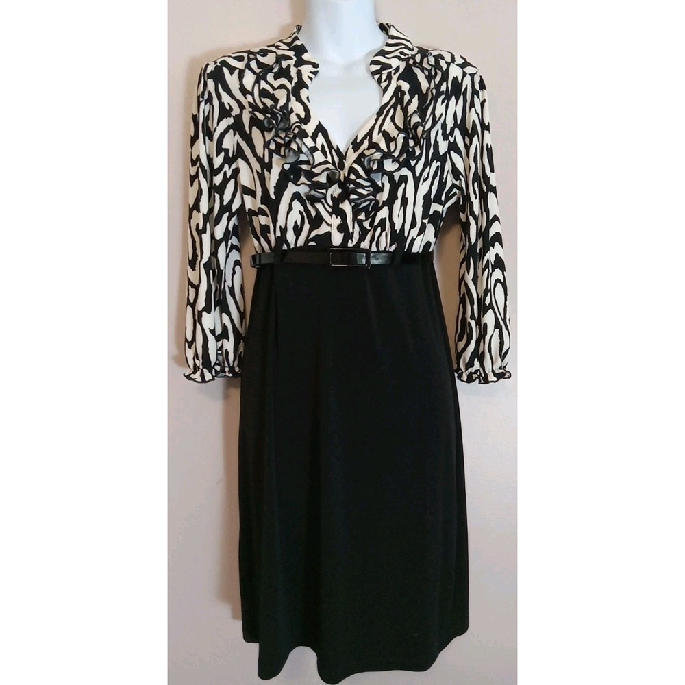 lucy and laurel Black Ivory Ruffle V Neck 3/4 Sleeve Stretch Belted Dress Size 8